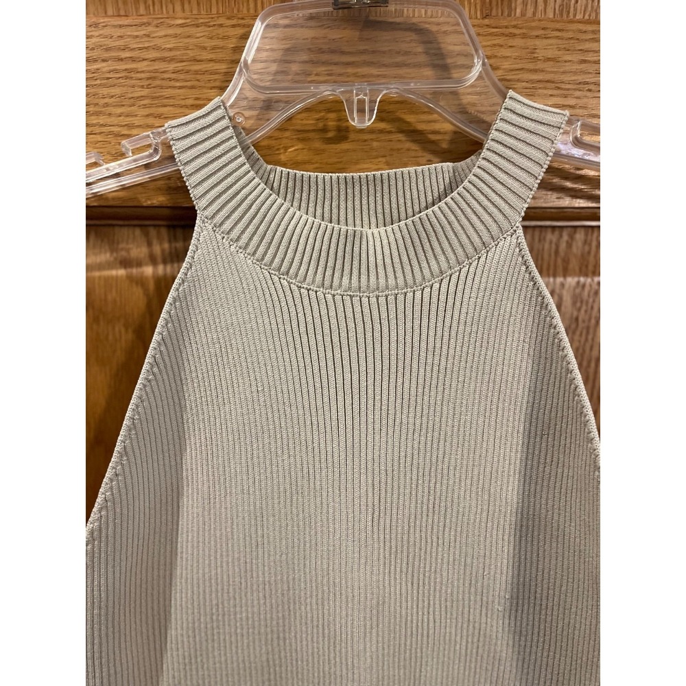 90s Minimalist Clean Girl Quiet Luxury Beige Halter Ribbed Knit Bodycon Dress M - Picture 4 of 8